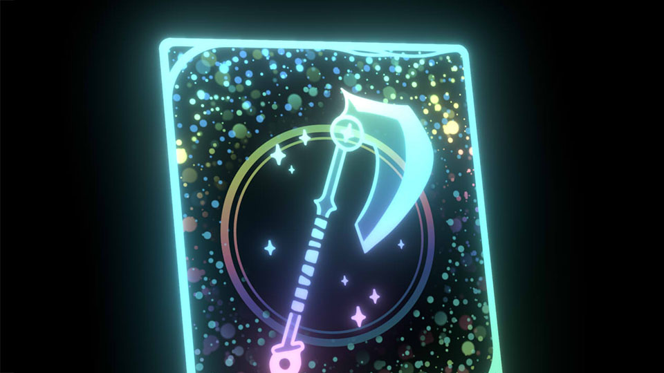 A virtual card with a holographic glitter shader, that bears the image of an axe - Josien Vos Portfolio