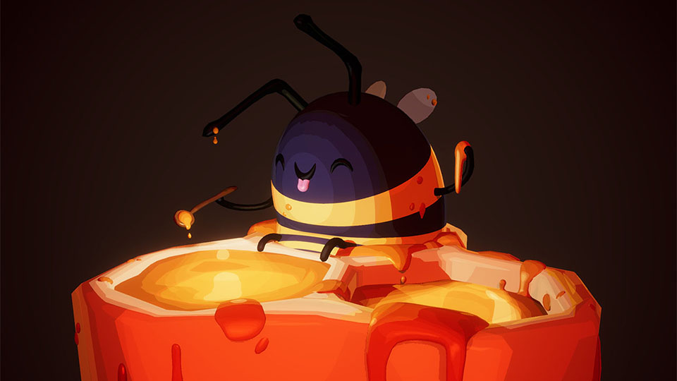 A strongly stylized 3D bee sitting in a piece of honeycomb, holding a little spoon. It is warmly lit with stylized shading - Josien Vos Portfolio