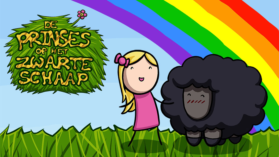 A 2D game starring a princess and a black sheep, drawn in simple shapes with thick borders, with a rainbow in the background - Josien Vos Portfolio